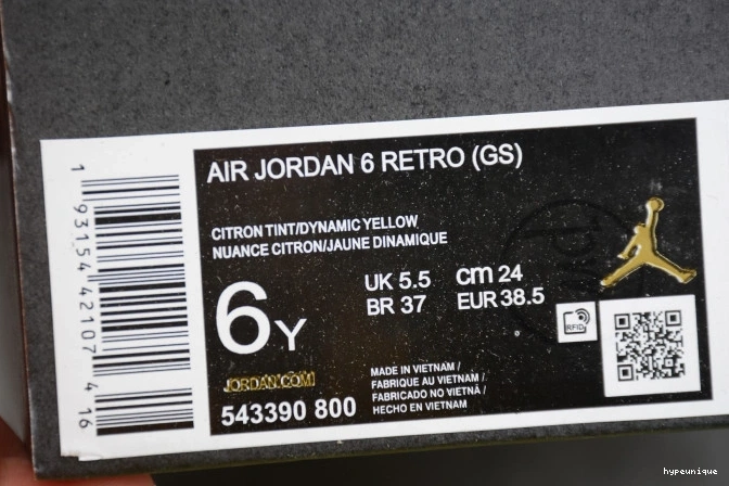HYPE Air 6 Jordan Dynamic Yellow 543390-800 Retro Floral (GS) 0716